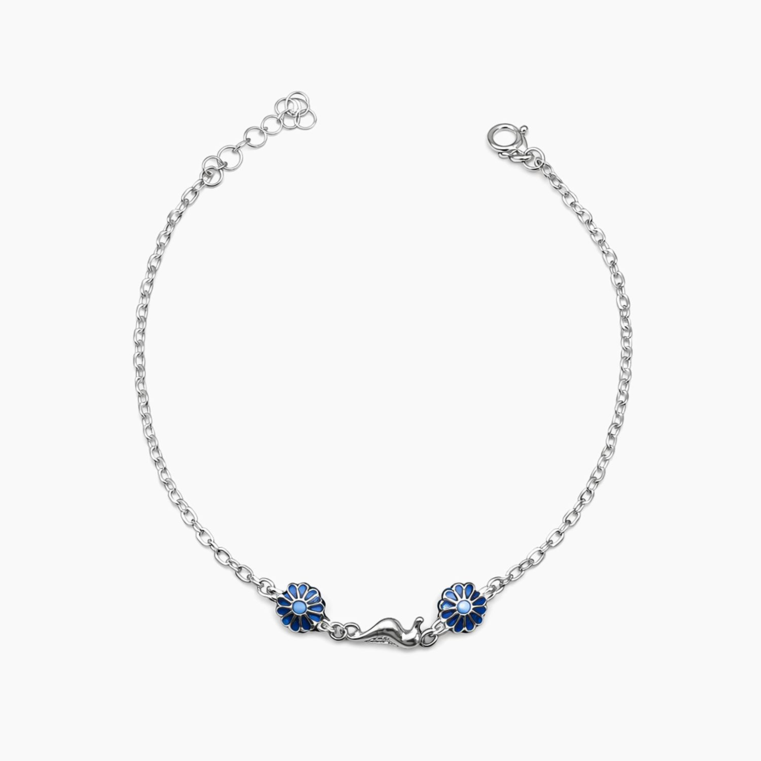 PULSERA CON FLORES CZ AZUL Y CABALLITO DE MAR 8" PLATA .925