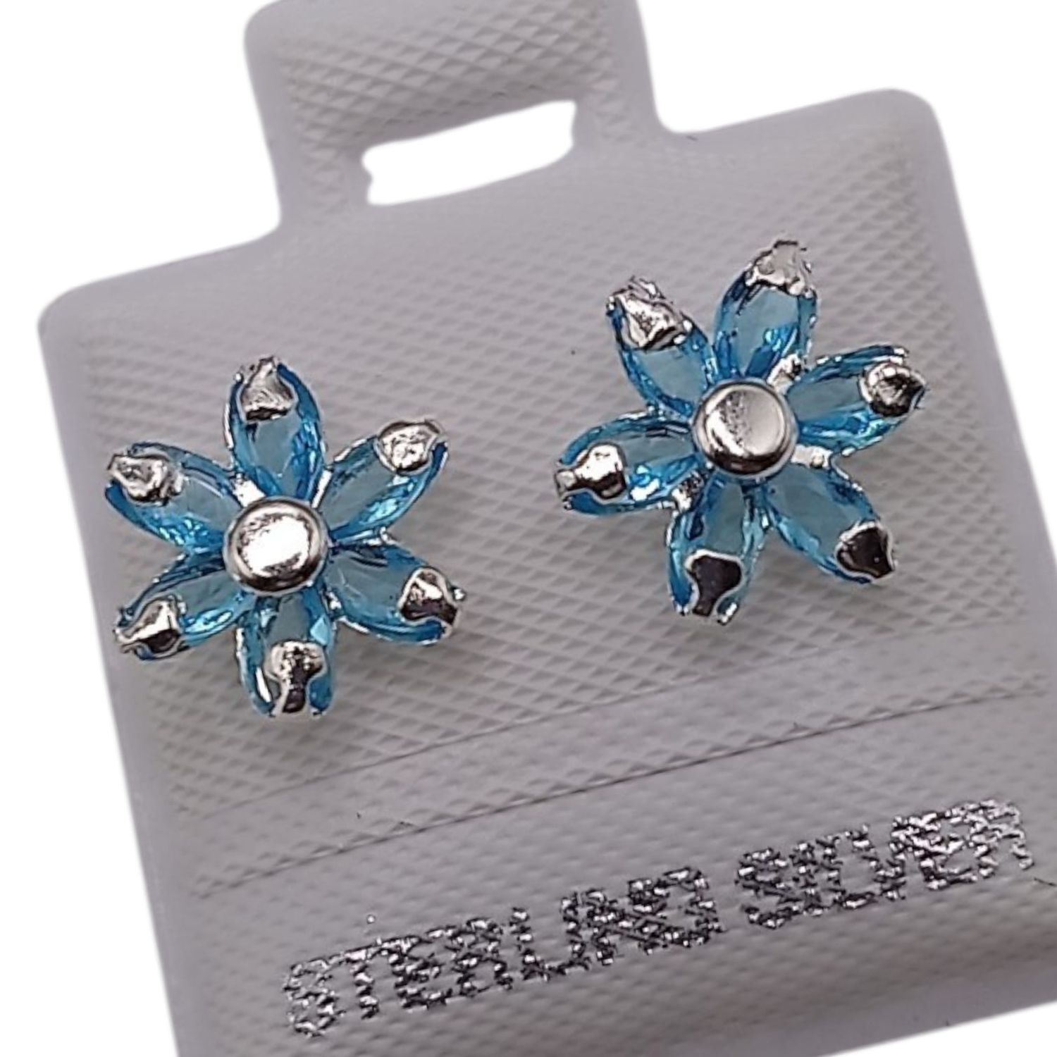 BROQUEL FLOR CON CZ AZUL, BROCHE BOLITA, PLATA .925