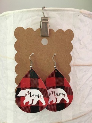 Mama Bear Buffalo Plaid Faux Leather Earrings