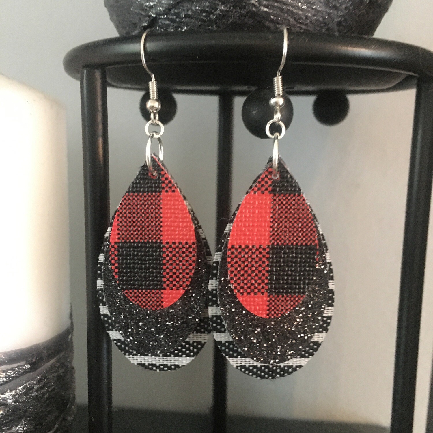 Triple Stacked Faux Leather Buffalo Plaid Earrings