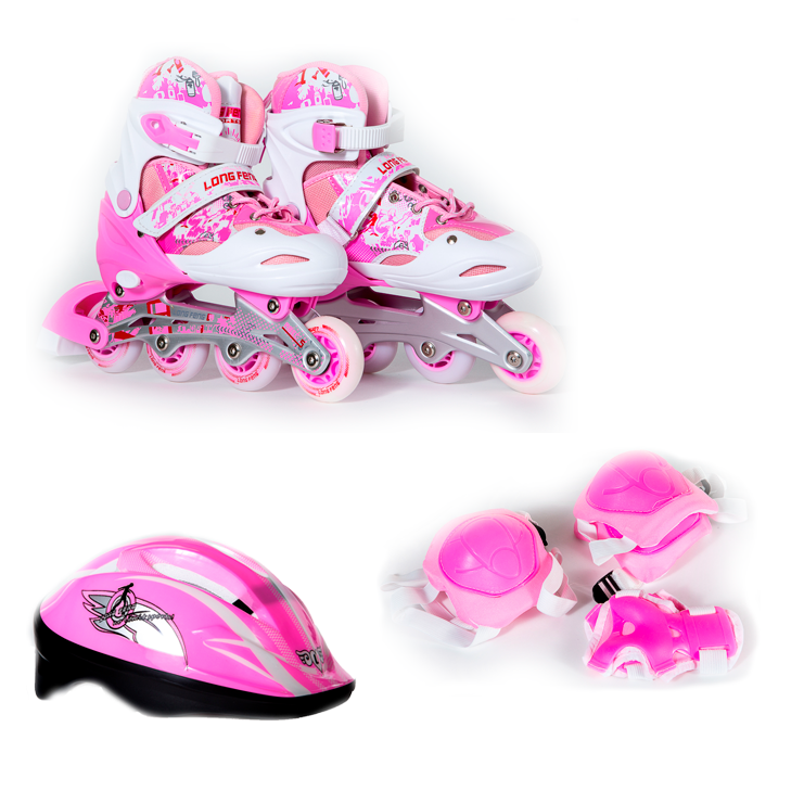 Pack Casco + Protecciones + Patines Linea Roller 4 Ruedas Ajustables Luz Rosado