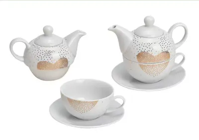Theepot 3-delig wit met gouden hart