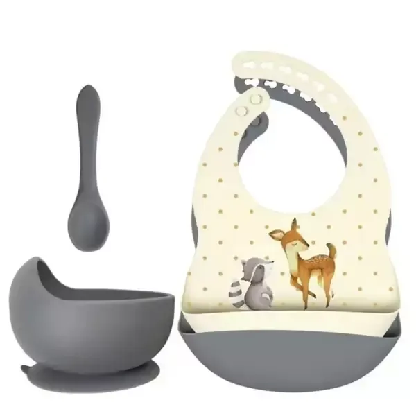 Set siliconen slabbetjes + kom met zuignap en lepel Hert &amp; Wasbeer