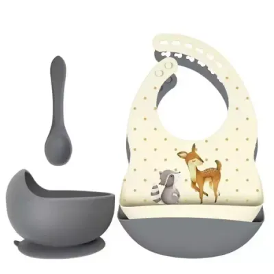 Set siliconen slabbetjes + kom met zuignap en lepel Hert &amp; Wasbeer