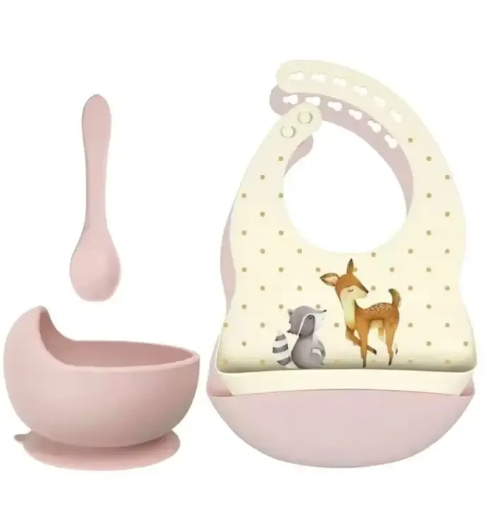 Set siliconen slabbetjes + kom met zuignap en lepel, wasbeer + hertje