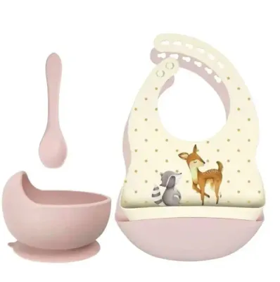 Set siliconen slabbetjes + kom met zuignap en lepel, wasbeer + hertje