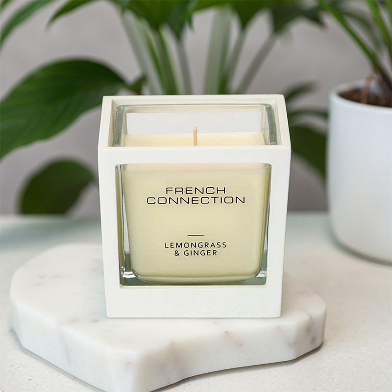 FRENCH CONNECTION WHITE WOODEN SURROUND CANDLE LEMONGRASS&amp;GINGER SMALL