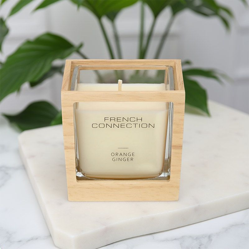 FRENCH CONNECTION NATURAL WOODEN SURROUND CANDLE ORANGE&amp;GINGER SMALL