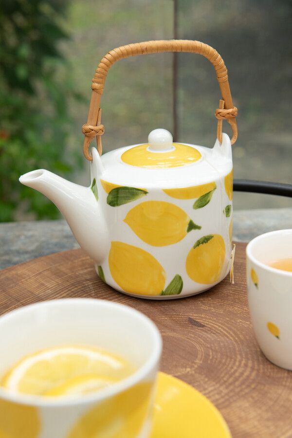 Theepot + Kopjes Citroen Keramiek Wit/Geel