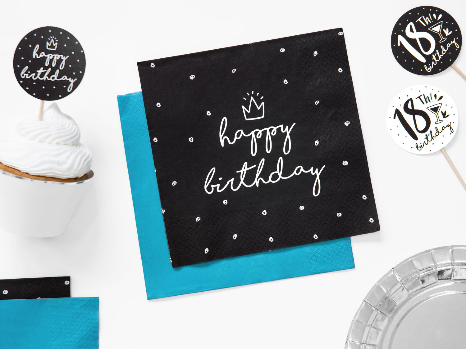 Servetten Happy Birthday zwart wit