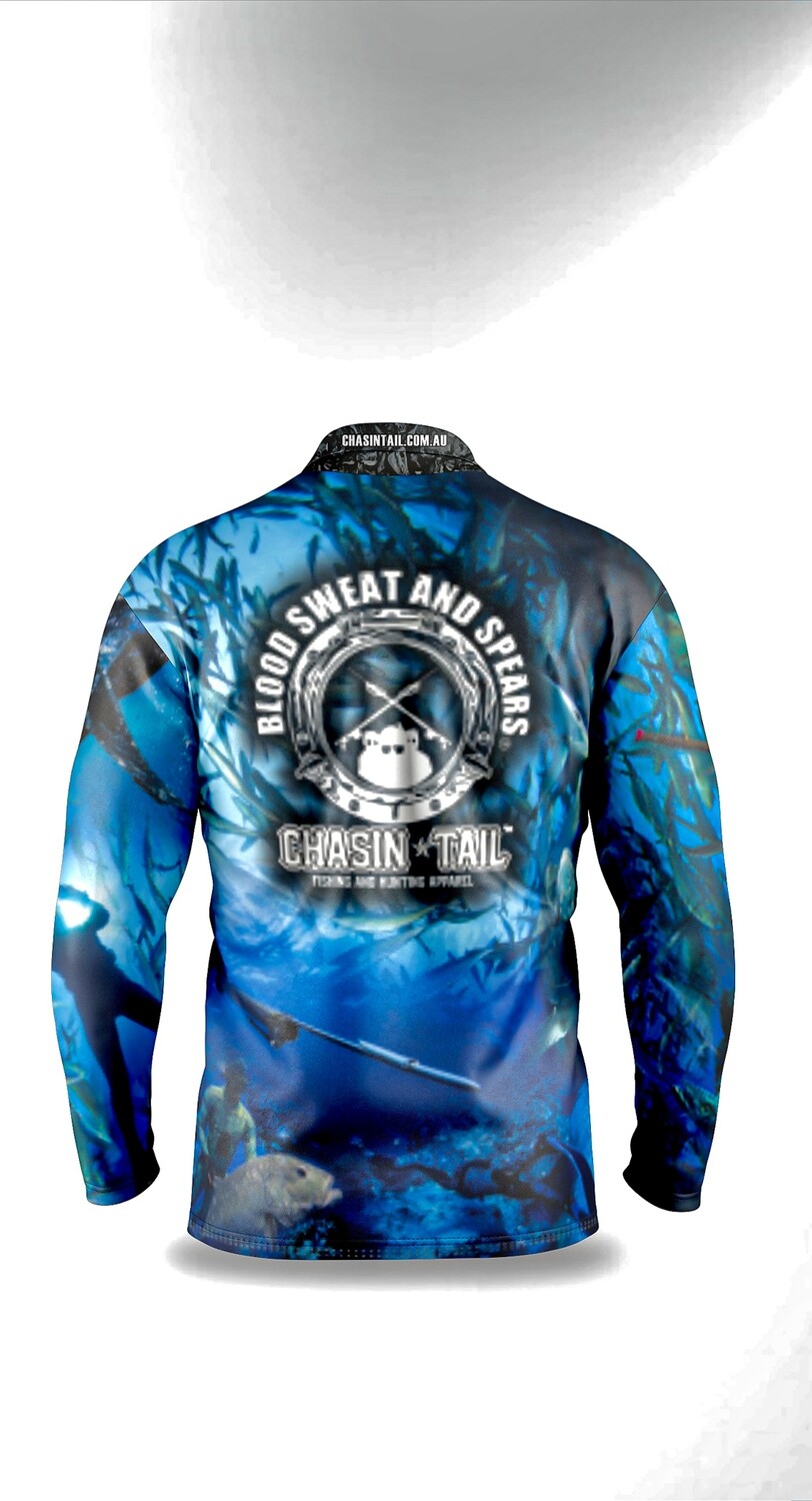 BLOOD SWEAT AND SPEARS - 50+UV Sublimated long sleeve Spearfishing shirt