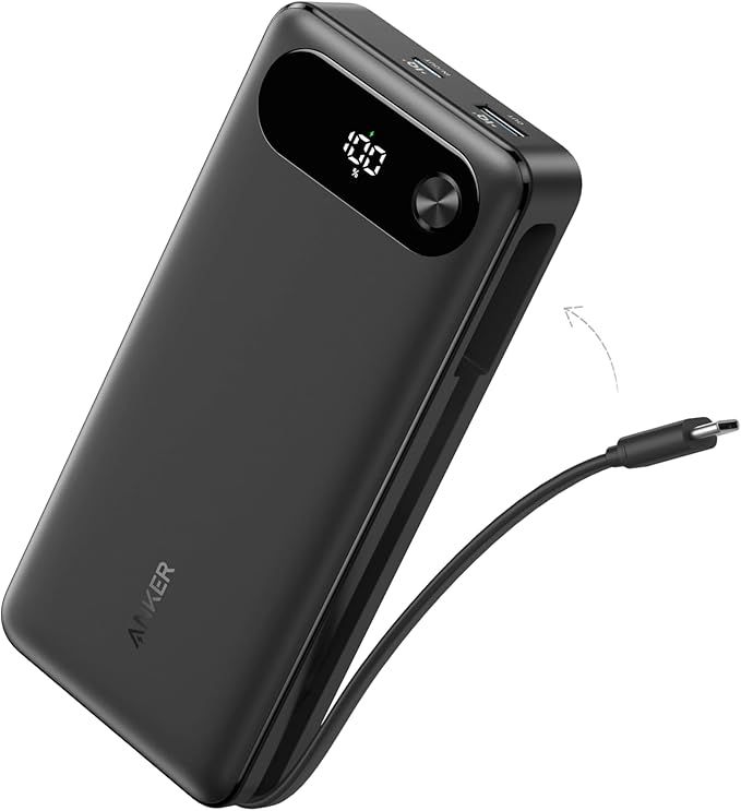 Anker Power Bank, 20,000mAh Portable Charger with Built-In USB-C Cable, 87W Max Fast Charging Battery Pack.