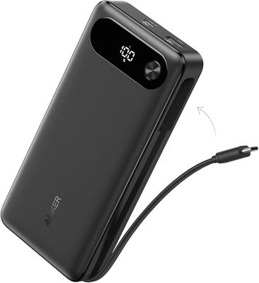 Anker Power Bank, 20,000mAh Portable Charger with Built-In USB-C Cable, 87W Max Fast Charging Battery Pack.