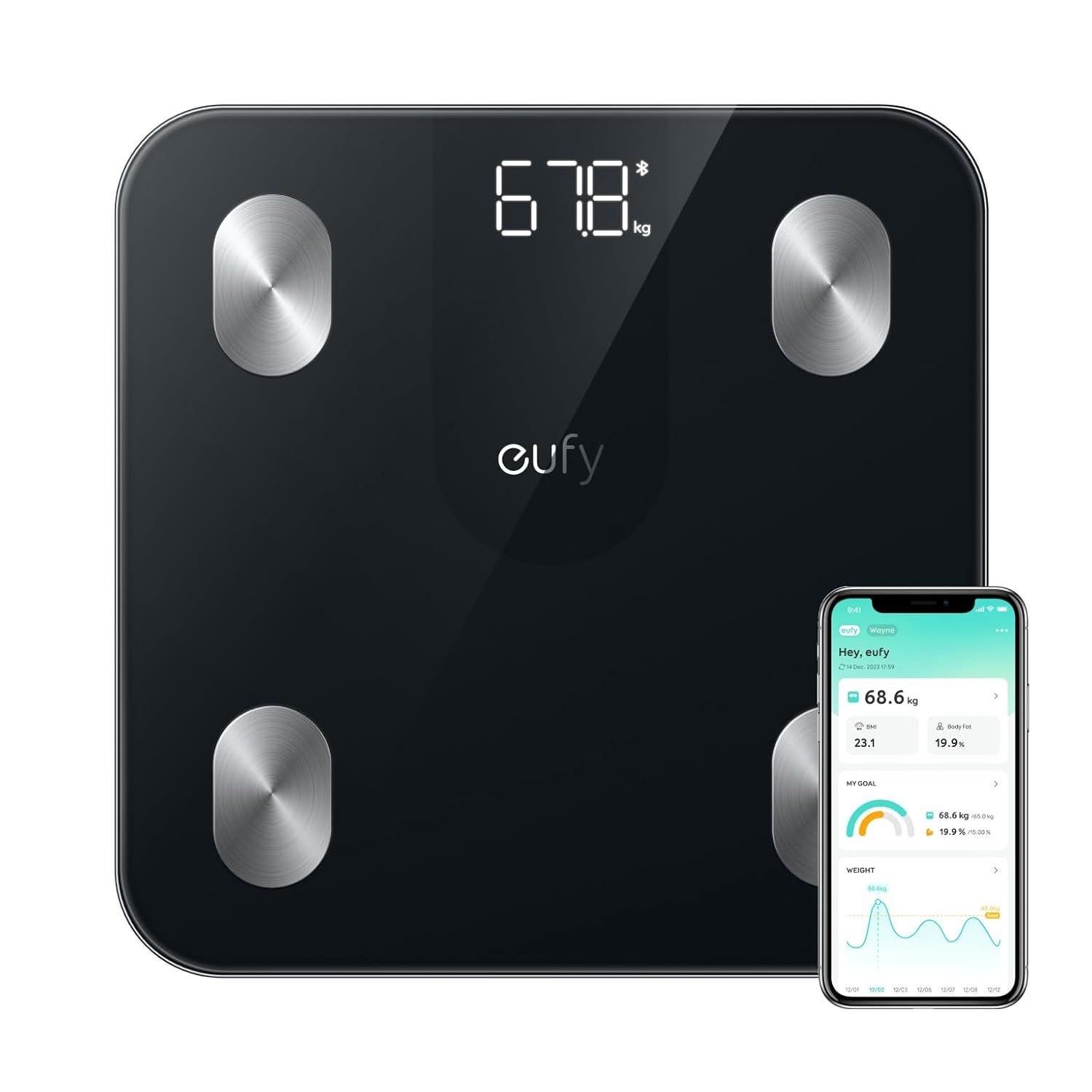 eufy Smart Scale A1 with Bluetooth, Body Fat Scale, Wireless Digital Bathroom Scale, 12 Measurements, Weight/Body Fat/BMI, Fitness Body Composition Analysis, Black, lbs/kgs