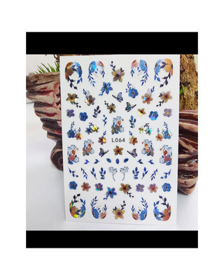 Stickers fleur/papillon bleu holographique 3D L064