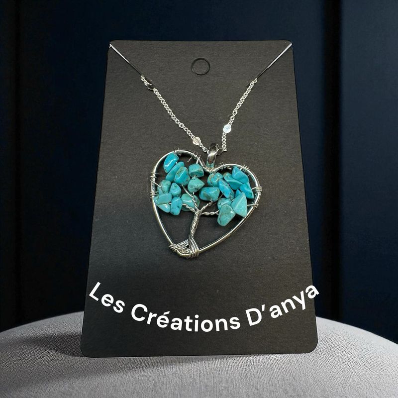 Collier arbre de la vie cœur turquoise