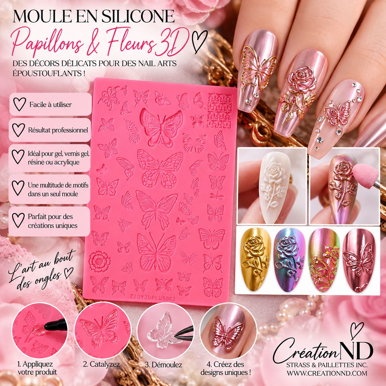 Plaquette 3D en silicone papillon &amp; fleurs