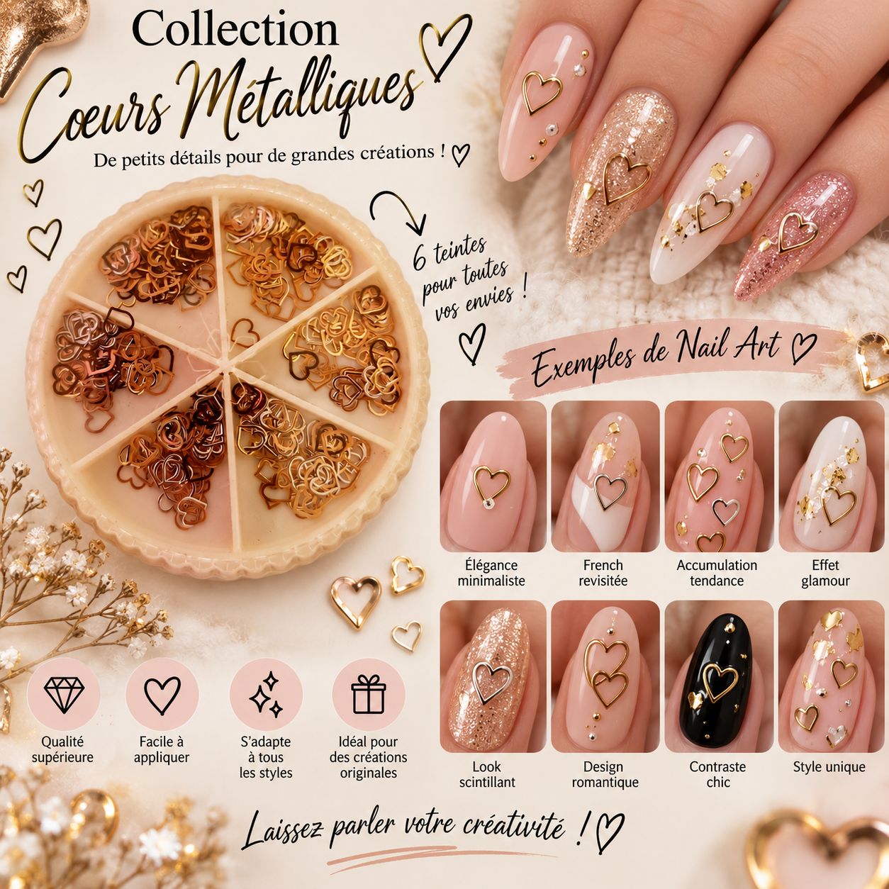 Bijoux petit cœur or,rose gold , noir