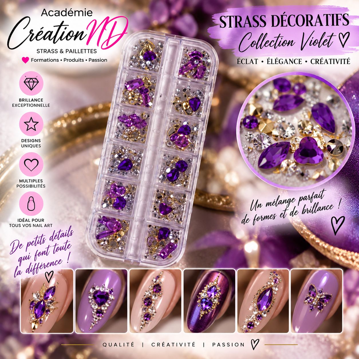 Boîtier bijoux mauve avec diamants