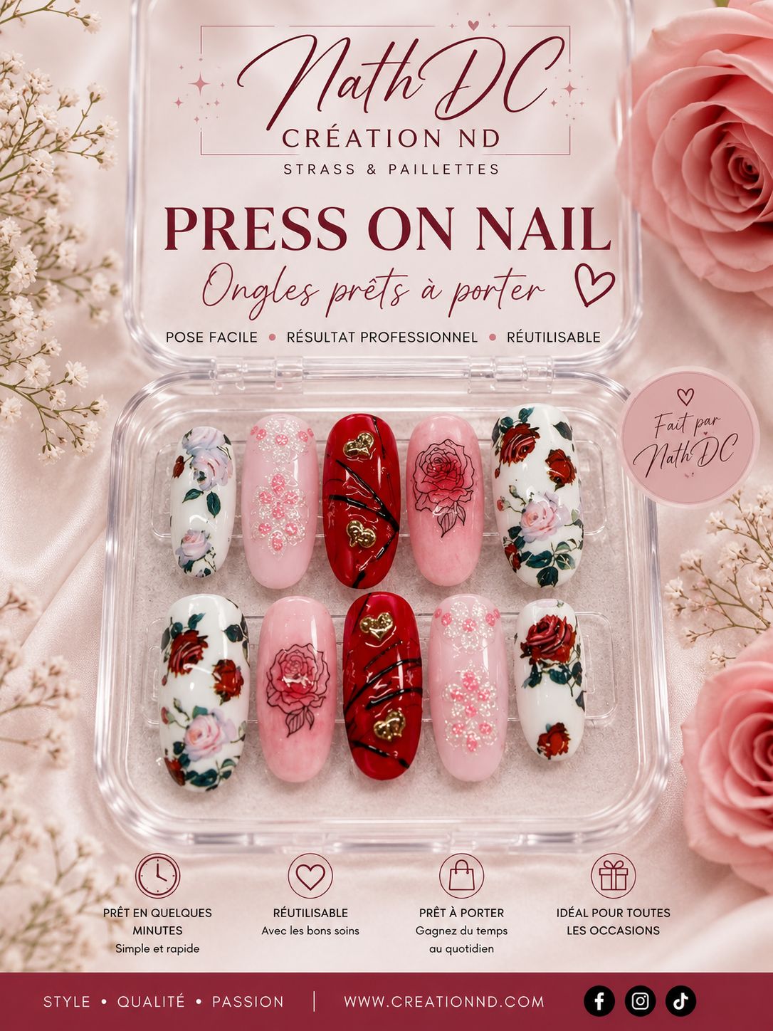 Press-On-Nail rose rouge No 6