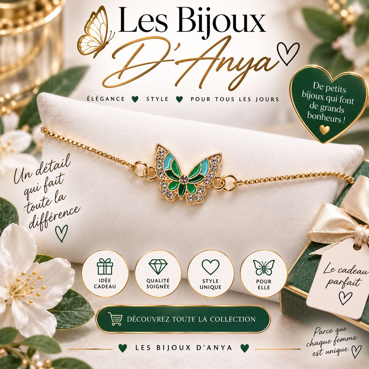 Bracelet papillon vert ajustable