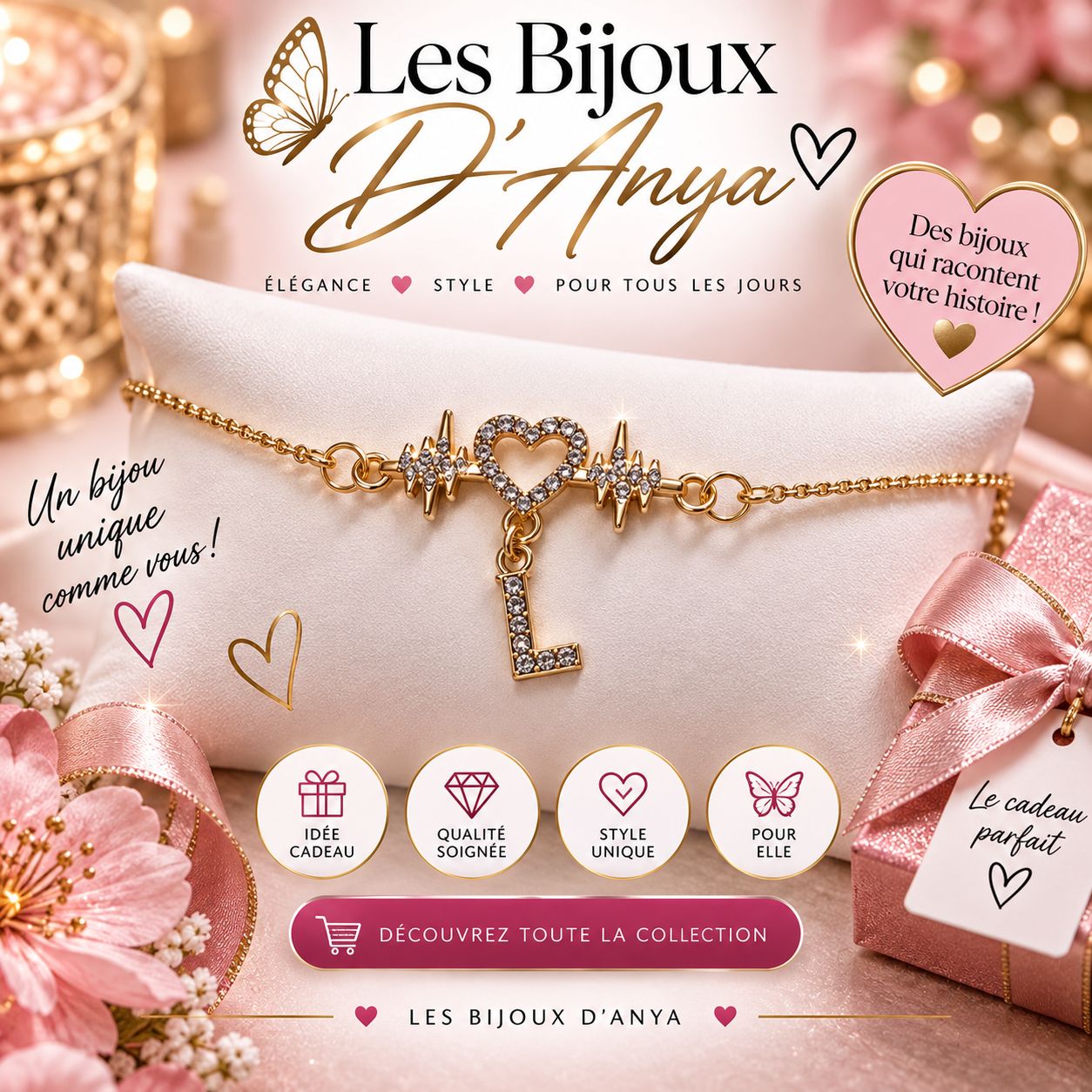 Bracelet cœur lettre L strass