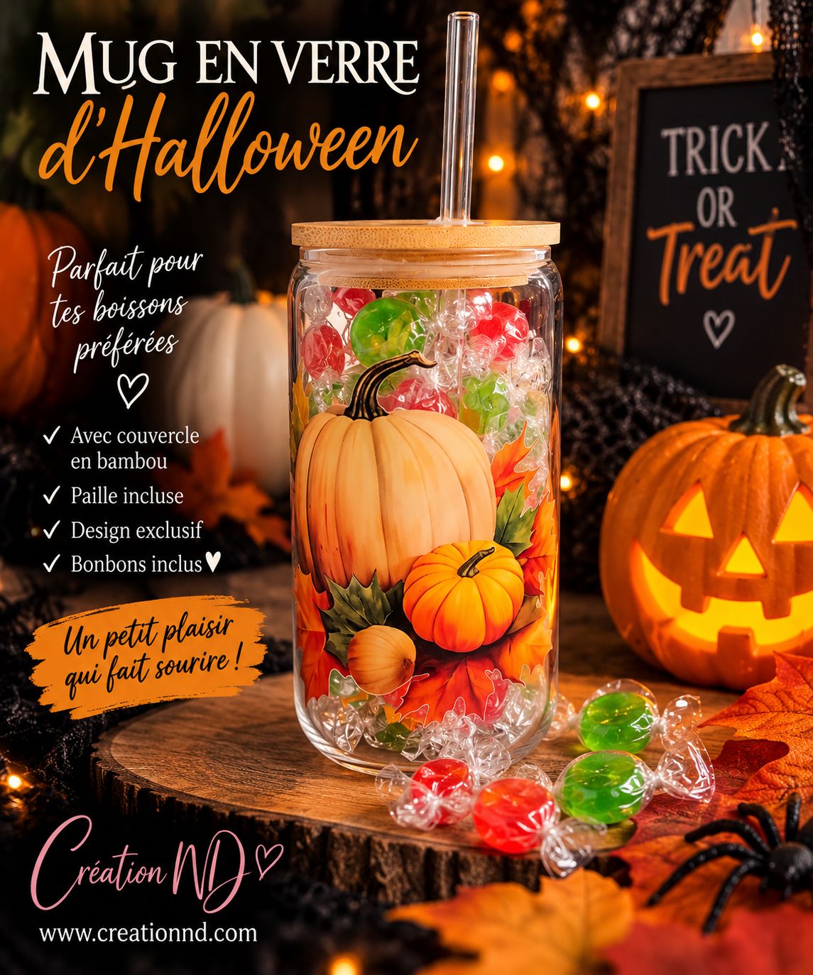 Mug en verre d’Halloween avec bonbon