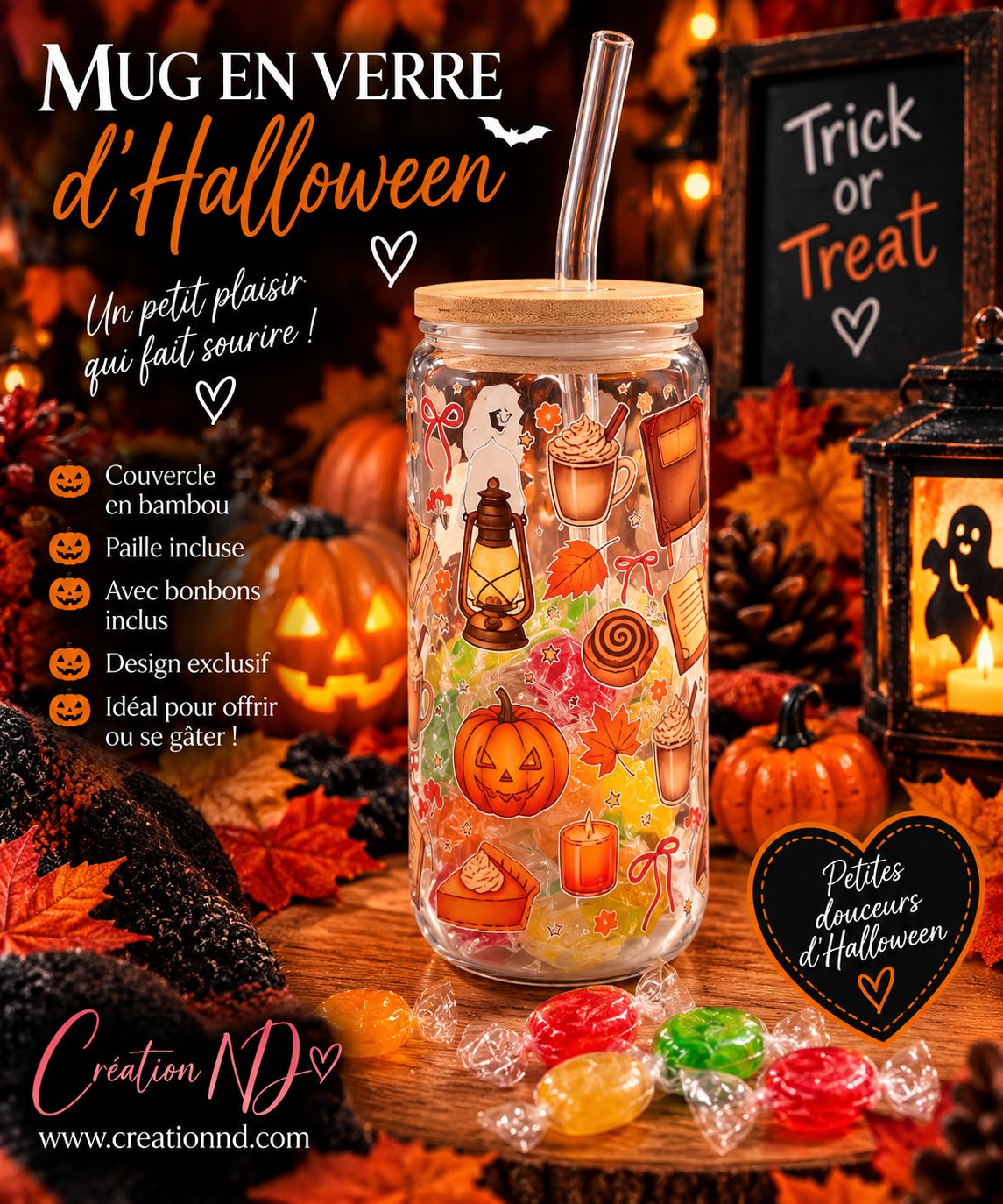 Mug en verre d’Halloween avec bonbon