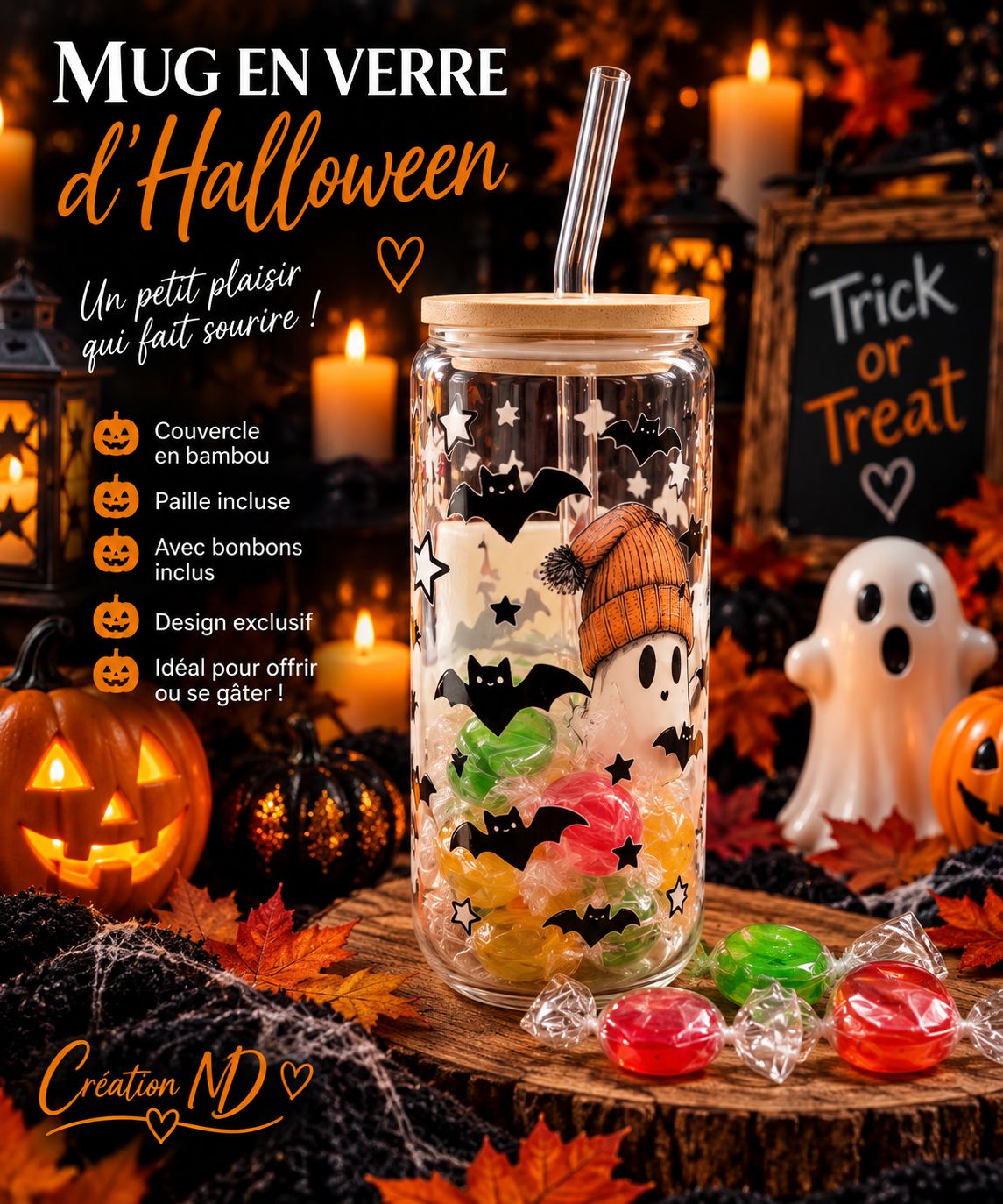 Mug en verre d’Halloween avec bonbon