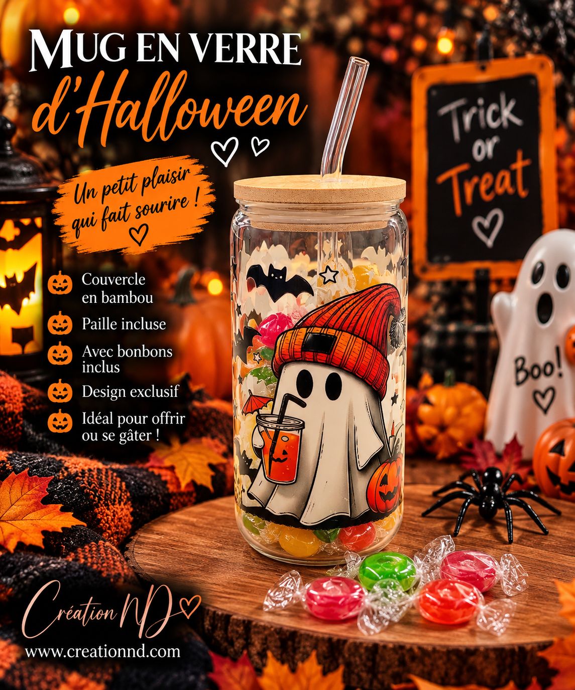 Mug en verre d’Halloween avec bonbon