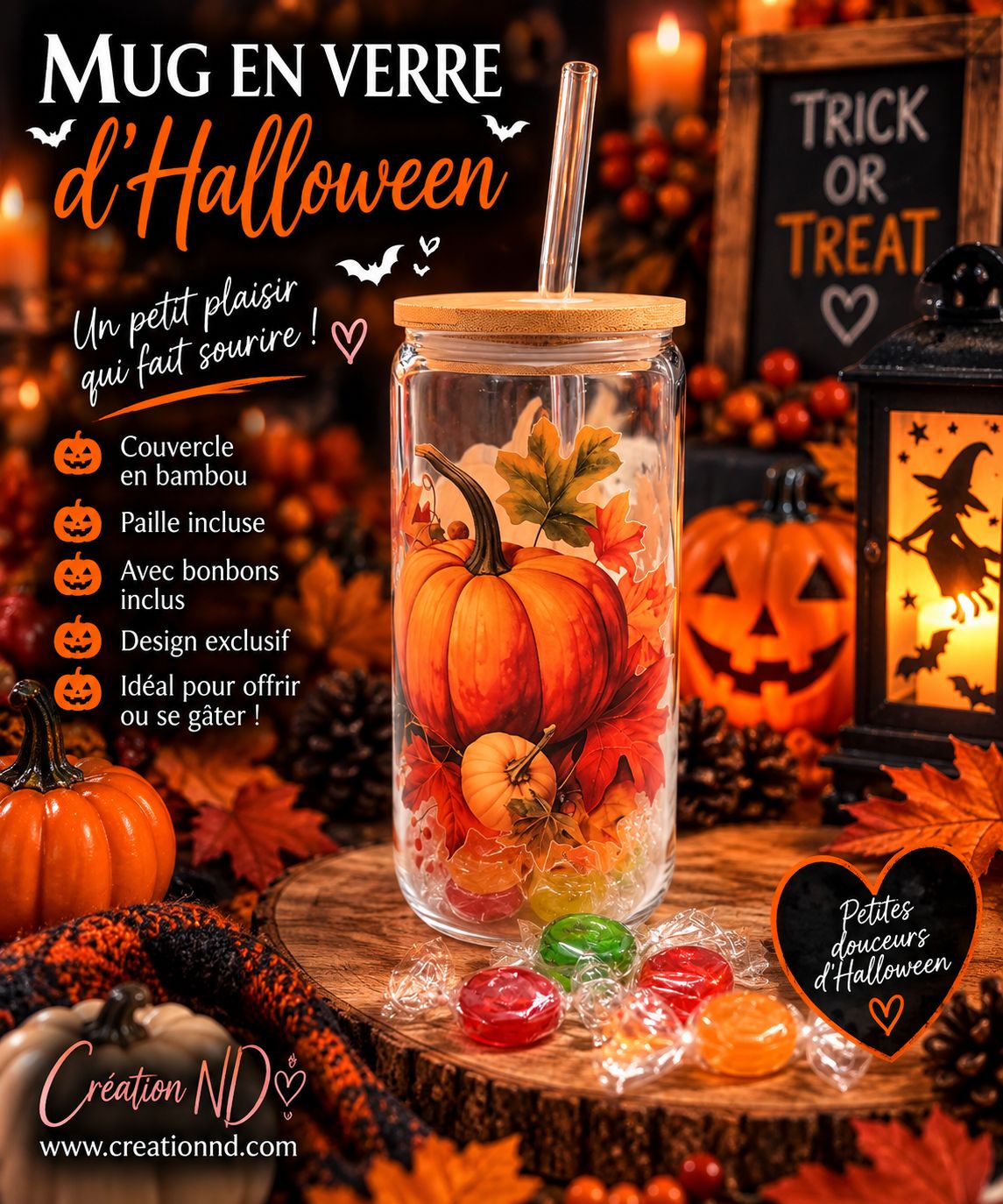 Mug en verre d’Halloween avec bonbon