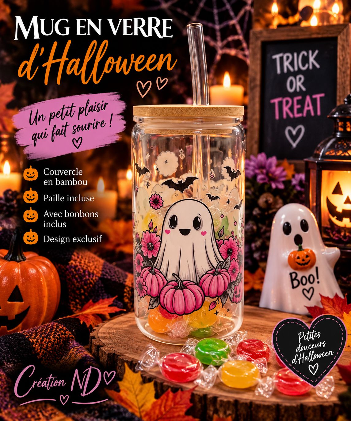 Mug en verre d’Halloween avec bonbon