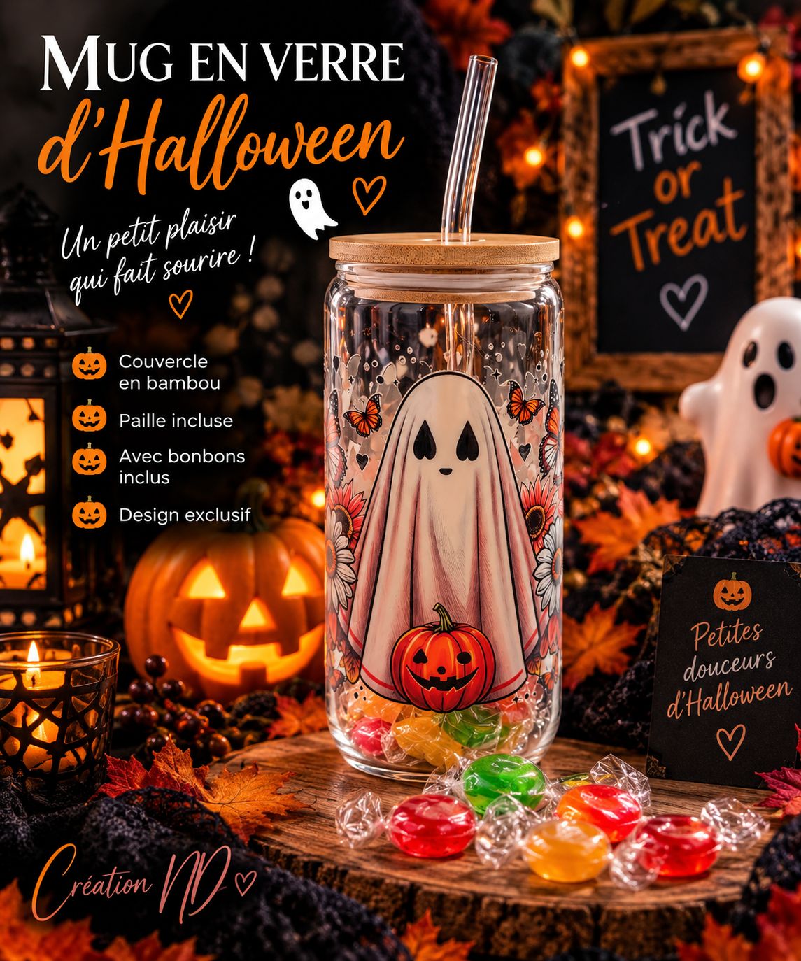 Mug en verre d’Halloween avec bonbon