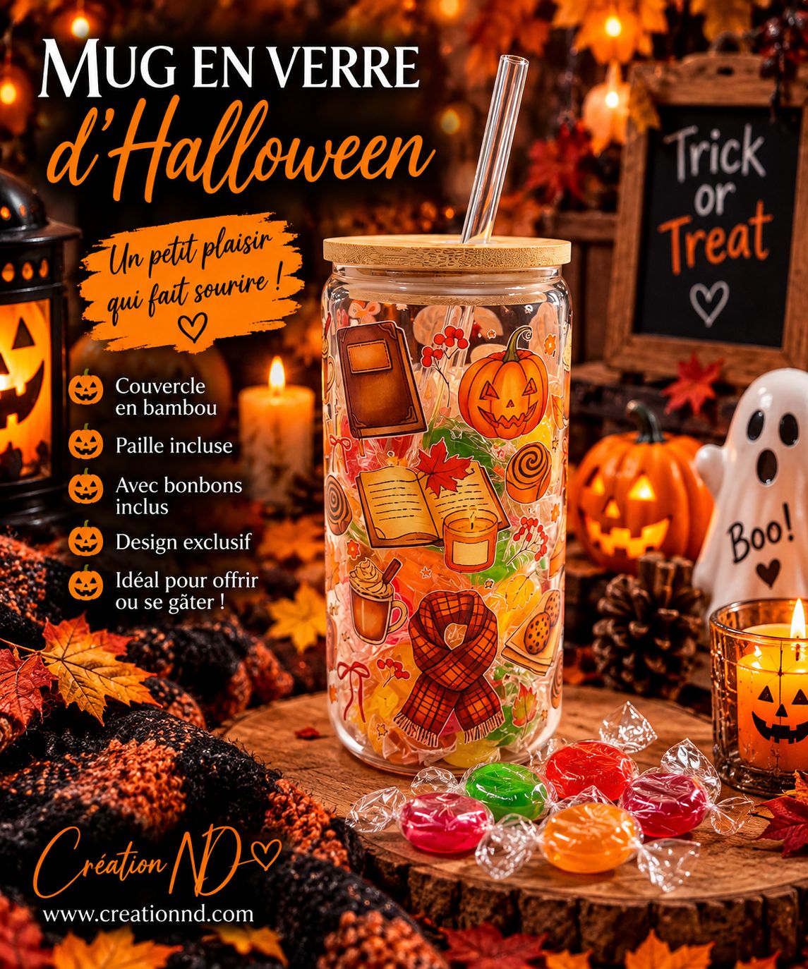 Mug en verre d’Halloween avec bonbon