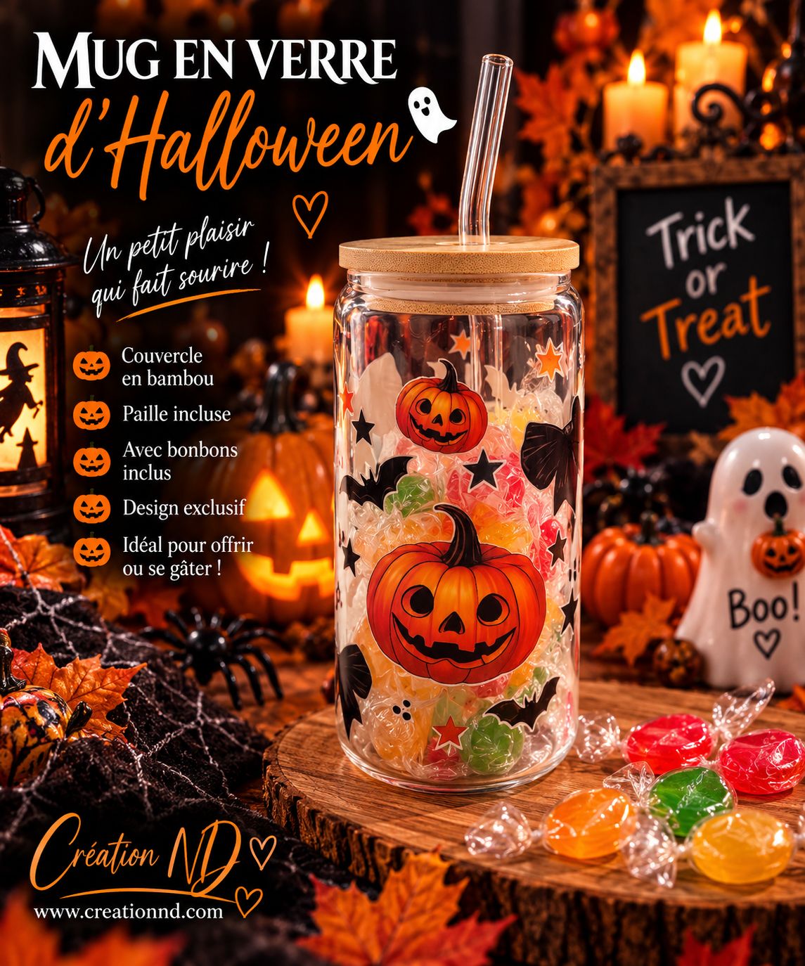 Mug en verre d’Halloween avec bonbon