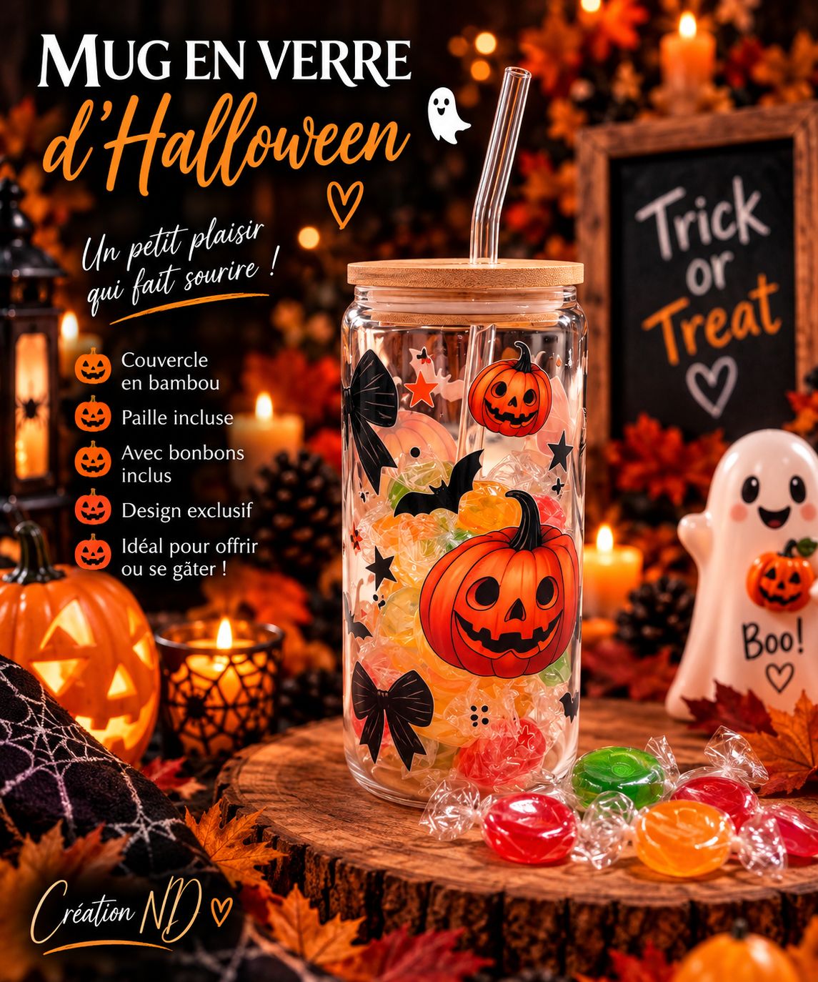Mug en verre d’Halloween avec bonbon