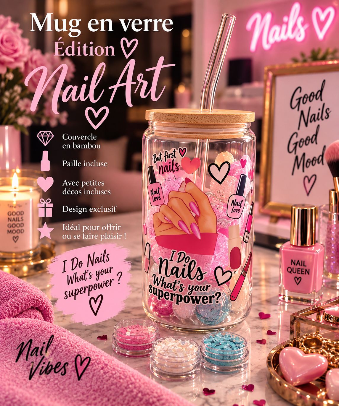 Mug en verre ÉDITION NAIL ART AVEC DECO