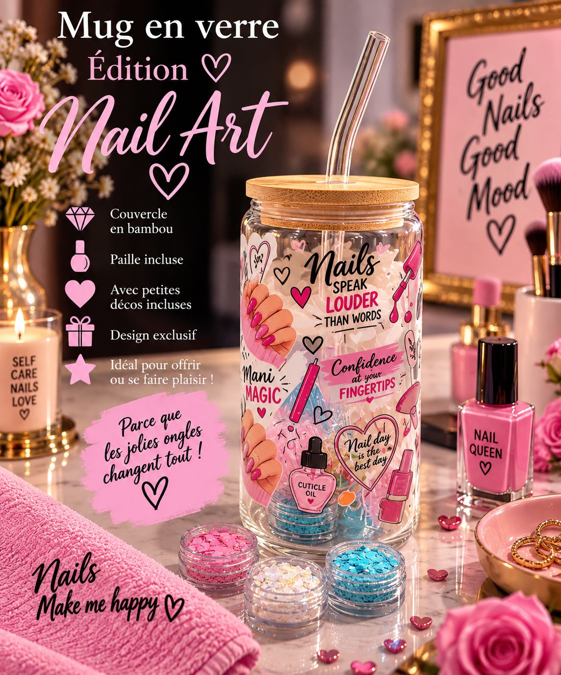Mug en verre ÉDITION NAIL ART AVEC DECO