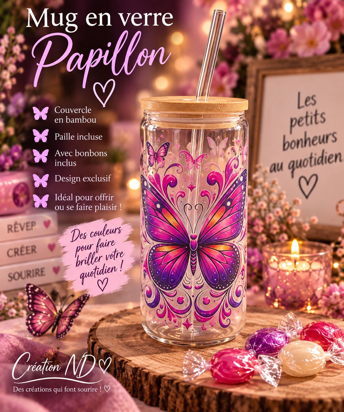 Mug en verre papillon