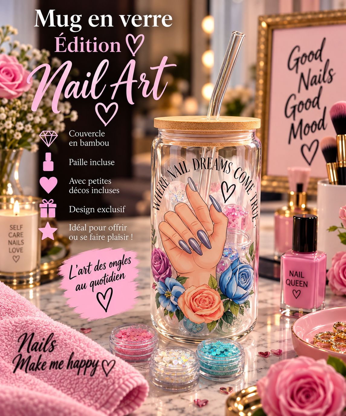 Mug en verre ÉDITION NAIL ART AVEC DECO