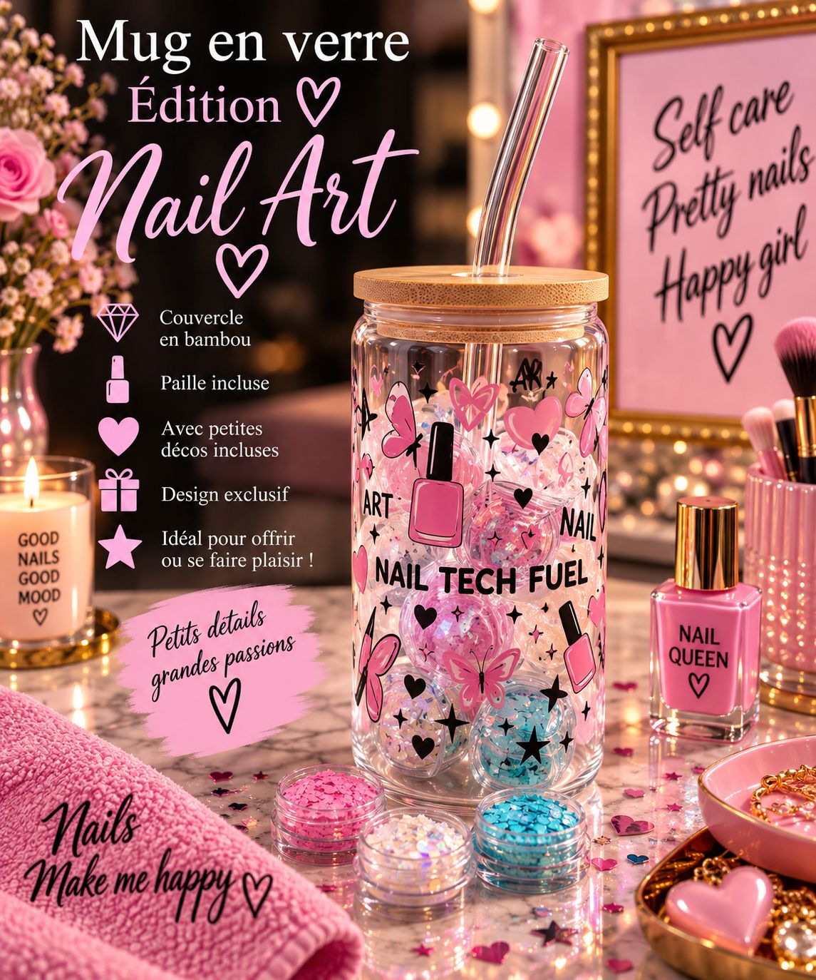 Mug en verre ÉDITION NAIL ART AVEC DECO