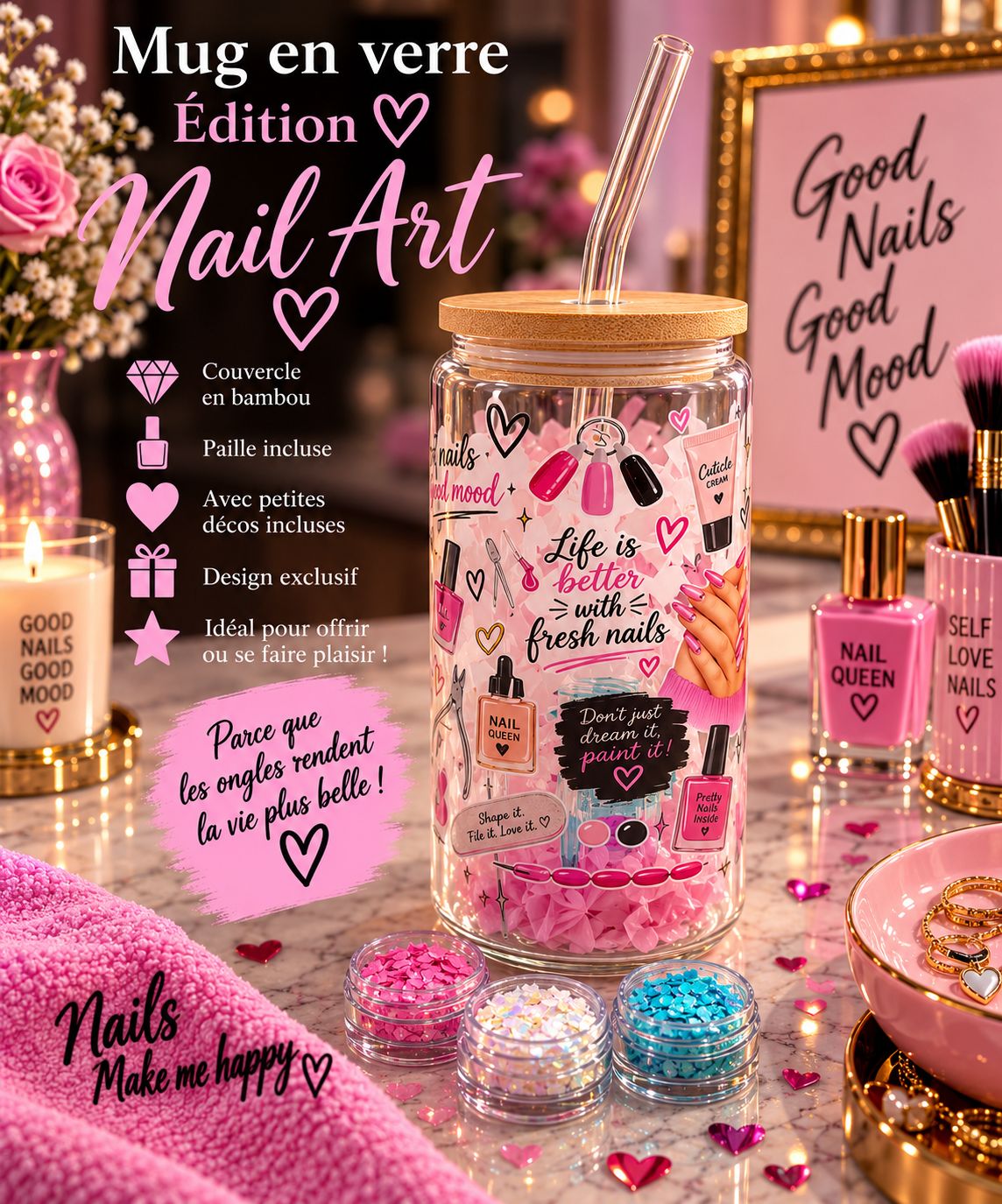 Mug en verre ÉDITION NAIL ART AVEC DECO