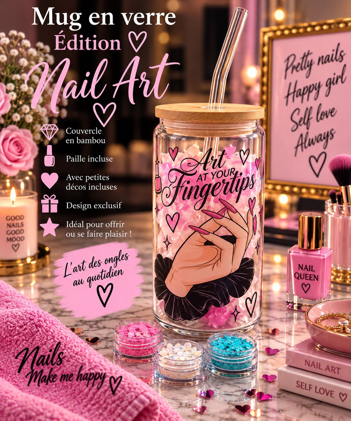 Mug en verre ÉDITION NAIL ART AVEC DECO