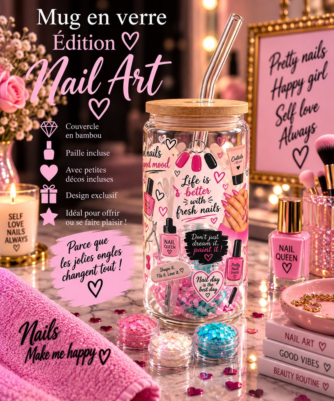 Mug en verre ÉDITION NAIL ART AVEC DECO