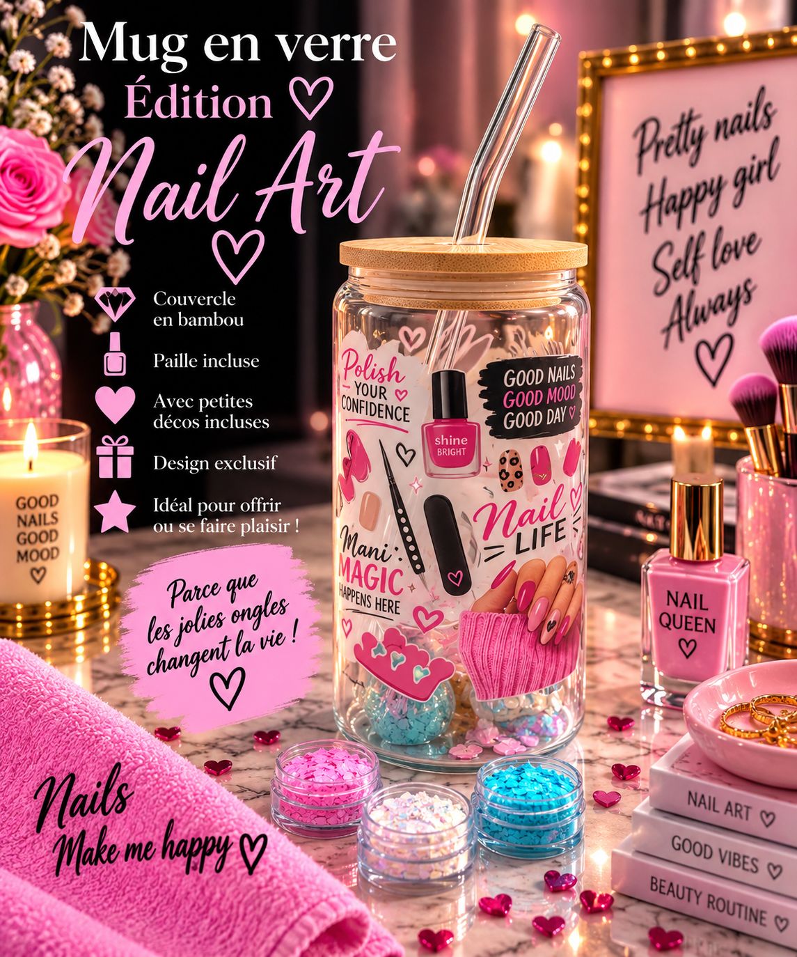 Mug en verre ÉDITION NAIL ART AVEC DECO