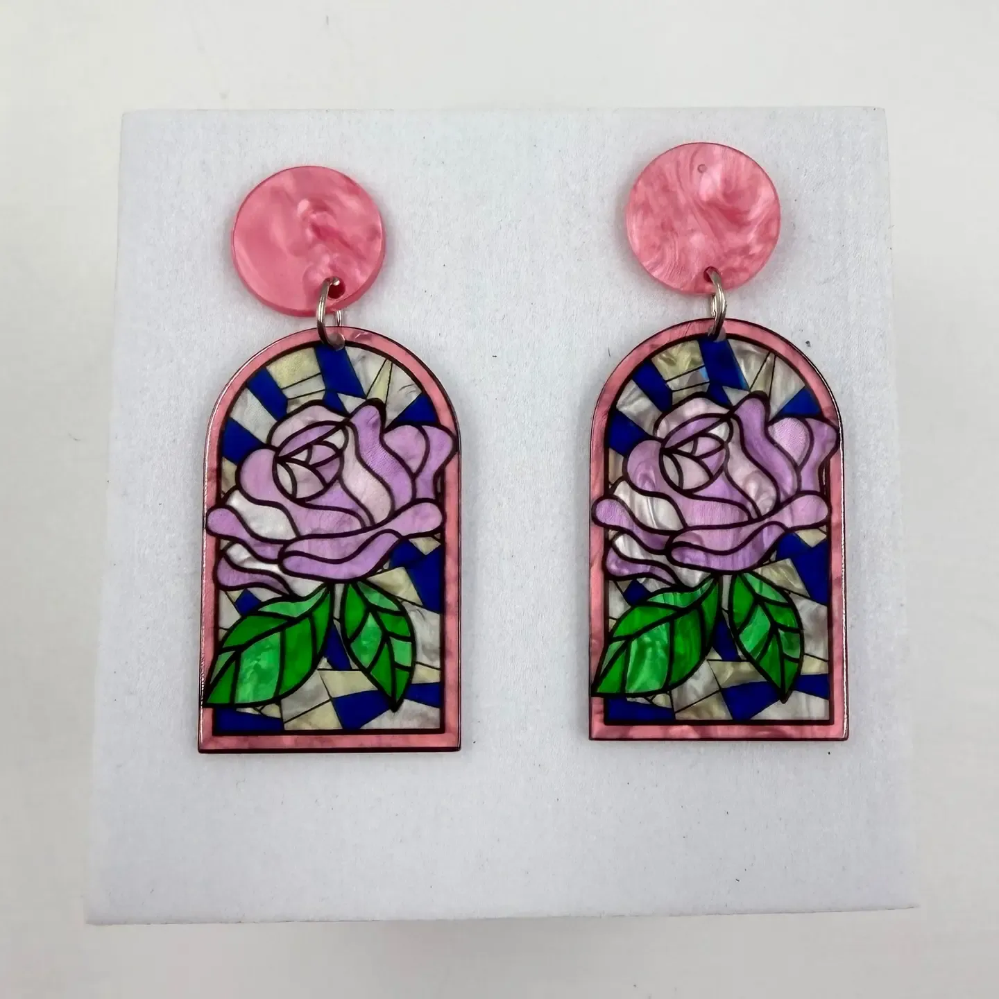 Dangle Earrings-Stained Glass Window Purple Rose