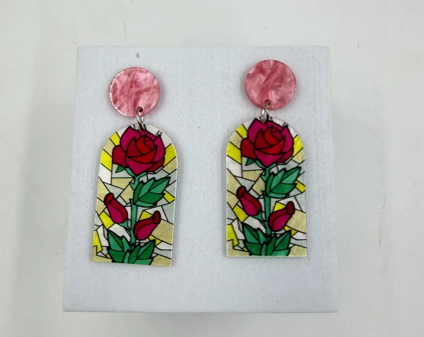 Dangle Earrings-Stained Glass Window Red Rose
