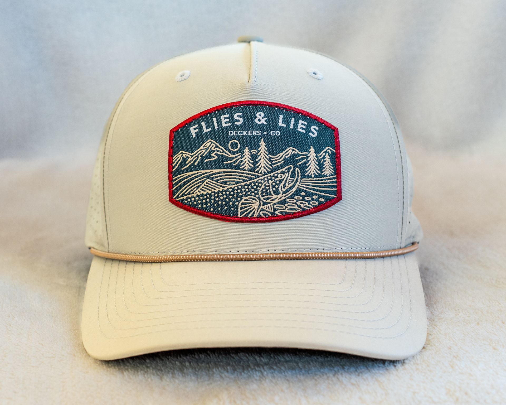 Flies & Lies Performance Mesh Cap - Rising Trout Patch (oat milk/elmwood-white
