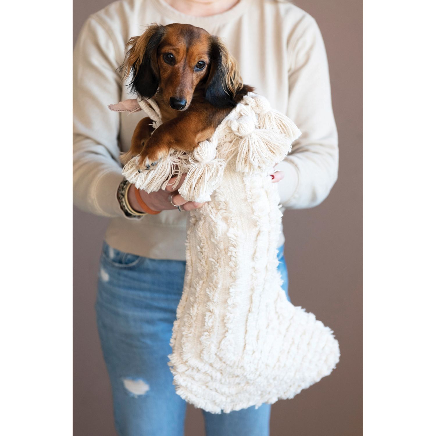 20"H Cotton Slub Stocking with Tufting and Tassels, Cream Color, 2 Styles