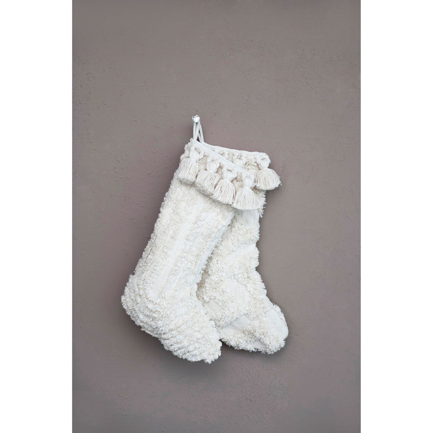 20"H Cotton Slub Stocking with Tufting and Tassels, Cream Color, 2 Styles
